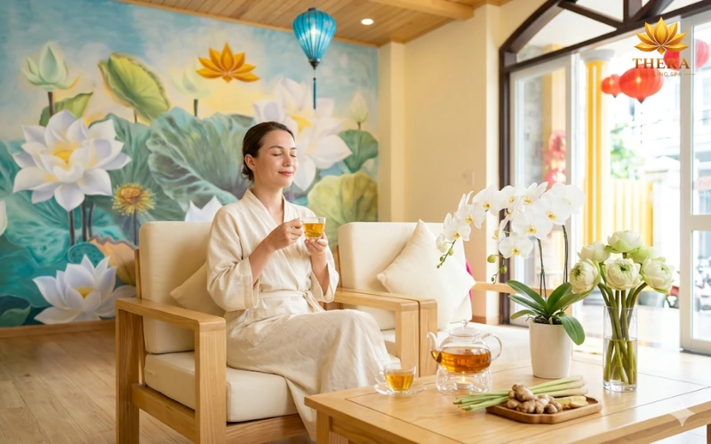 Khách hàng được thưởng thức một tách trà thảo mộc ấm nóng giúp thanh lọc cơ thể, bù nước và cân bằng lại năng lượng bên trong